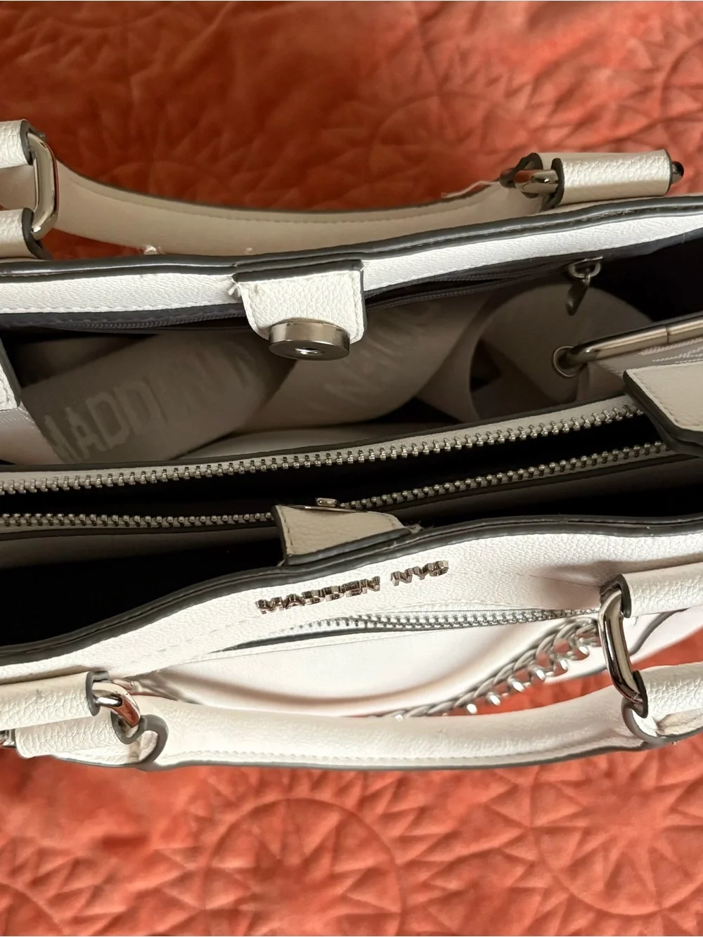 Madden NYC White Leather Satchel with Silver Chain Accent
